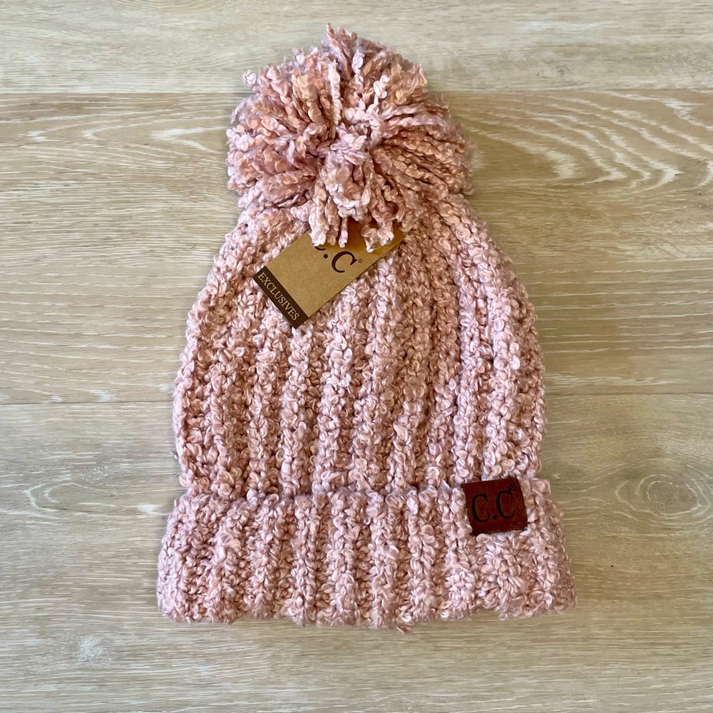 🆕 NWT C.C. Exclusives Pink Beanie with Pom 100% Polyester and so soft and warm!